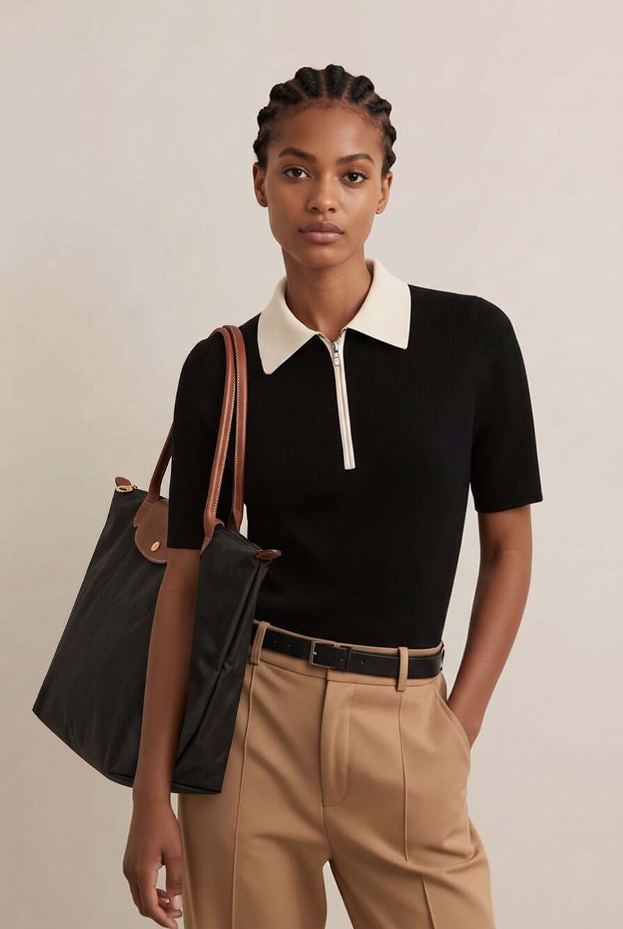 Longchamp Le Pliage Original Shoulder Bag in Black Nylon and Brown Leather - Picture 5 of 6